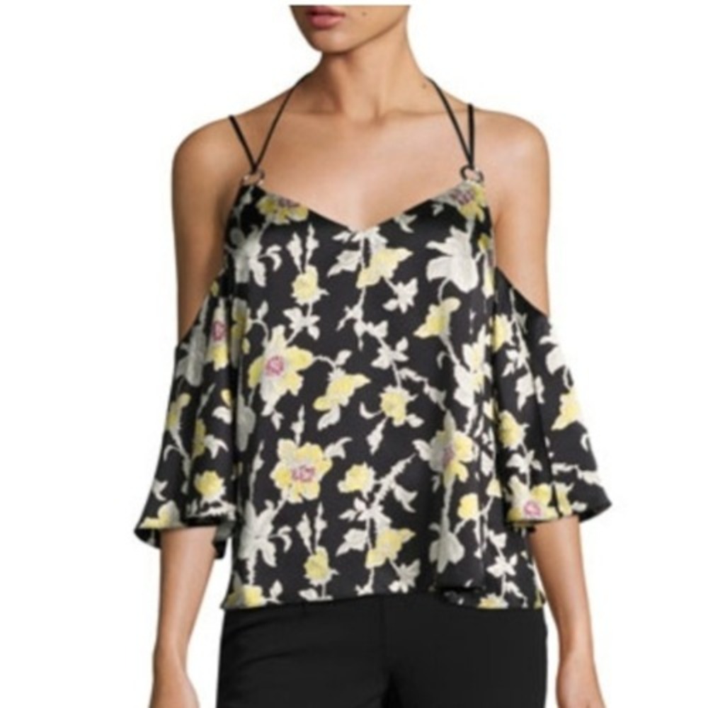 Cinq a Sept Rayna Black Silk Floral Cold Shoulder Top Size‎ Small